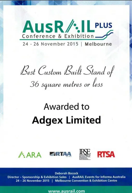 Award winner of the best custom-built stand by International Rail Conference AusRAIL Plus 2015, Melbourne, Australia, 2015