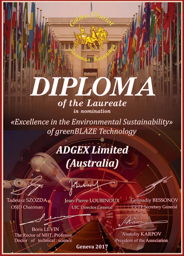 International recognition for “Excellence in the environmental sustainability of greenBLAZE Technology” by “Golden Chariot” Association, Geneva, Switzerland, 2017